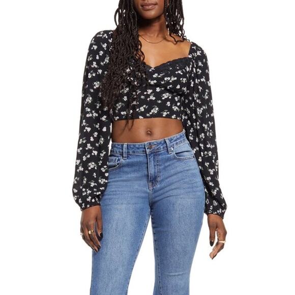 bp Tops - BP. Women’s Lace Trim Long Sleeve‎ Crop Top In Black Kasey Ditsy Size Small